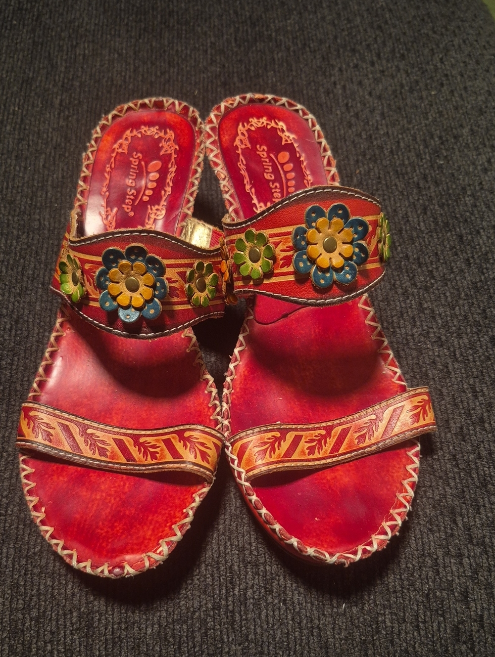 Spring Step Red Leather Slide Sandals with Multicolor Floral Accents